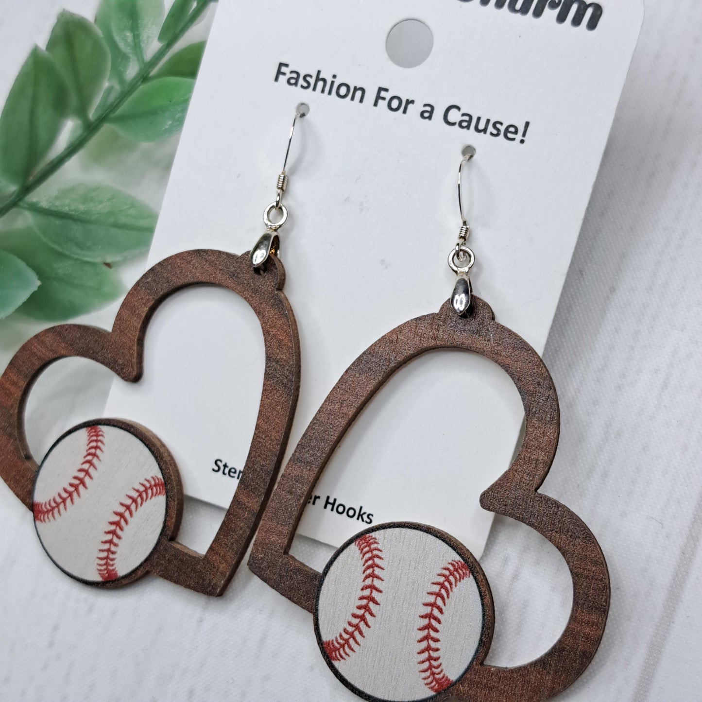 Heart Baseball Wooden Sterling Silver Earrings