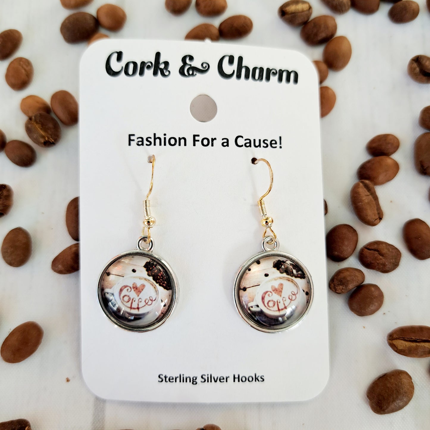 Heart Coffee Cup Round Sterling Silver Earrings