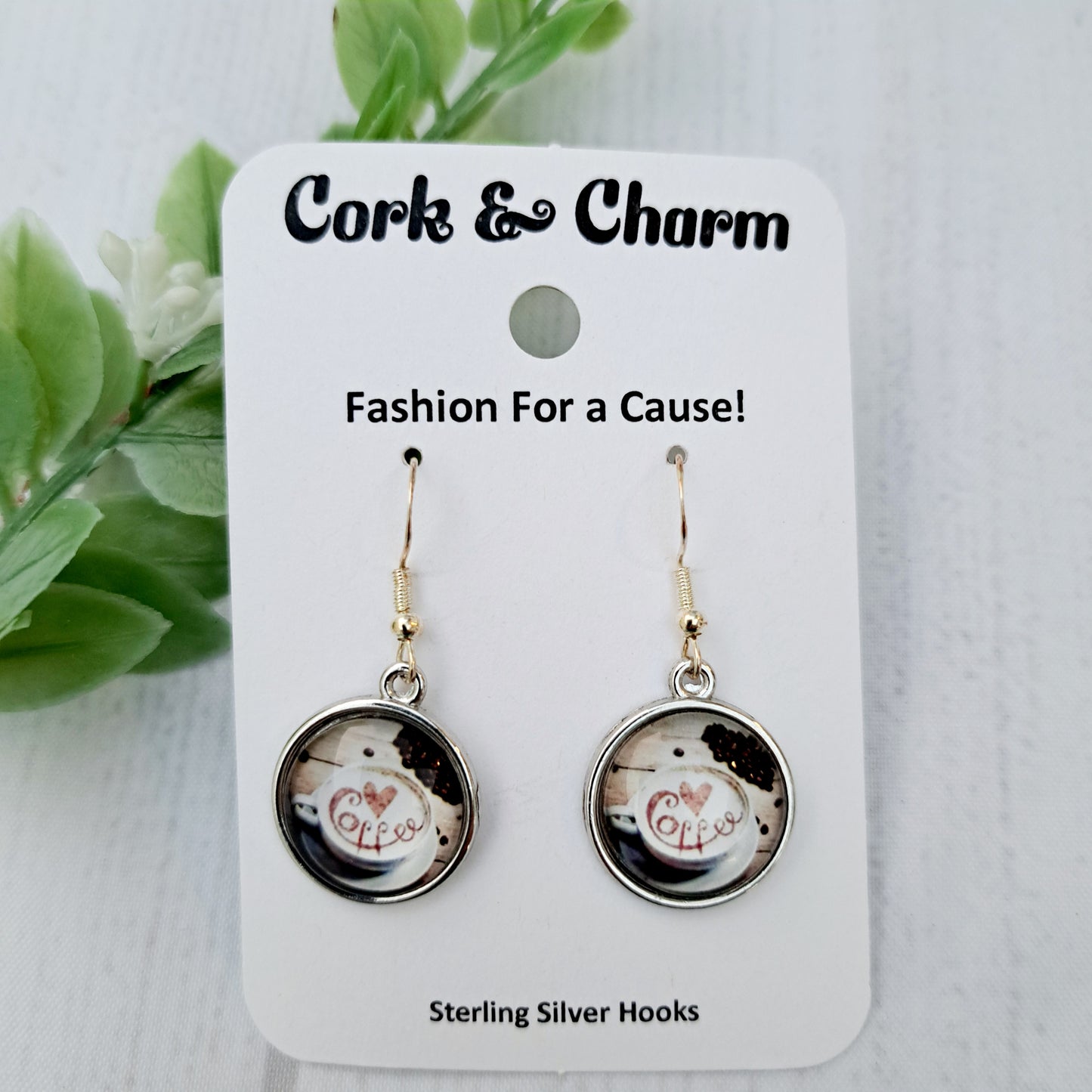 Heart Coffee Cup Round Sterling Silver Earrings