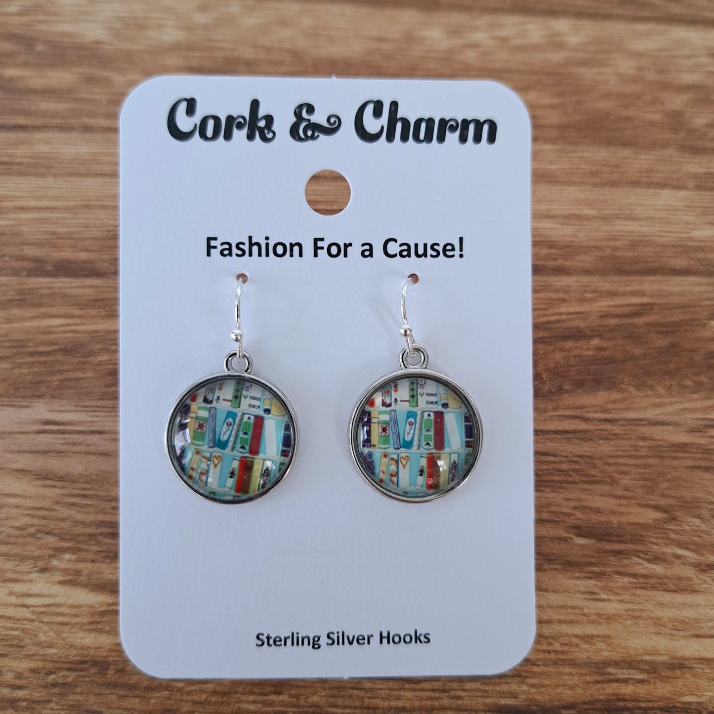 Blue Bookshelves Round Sterling Silver Earrings