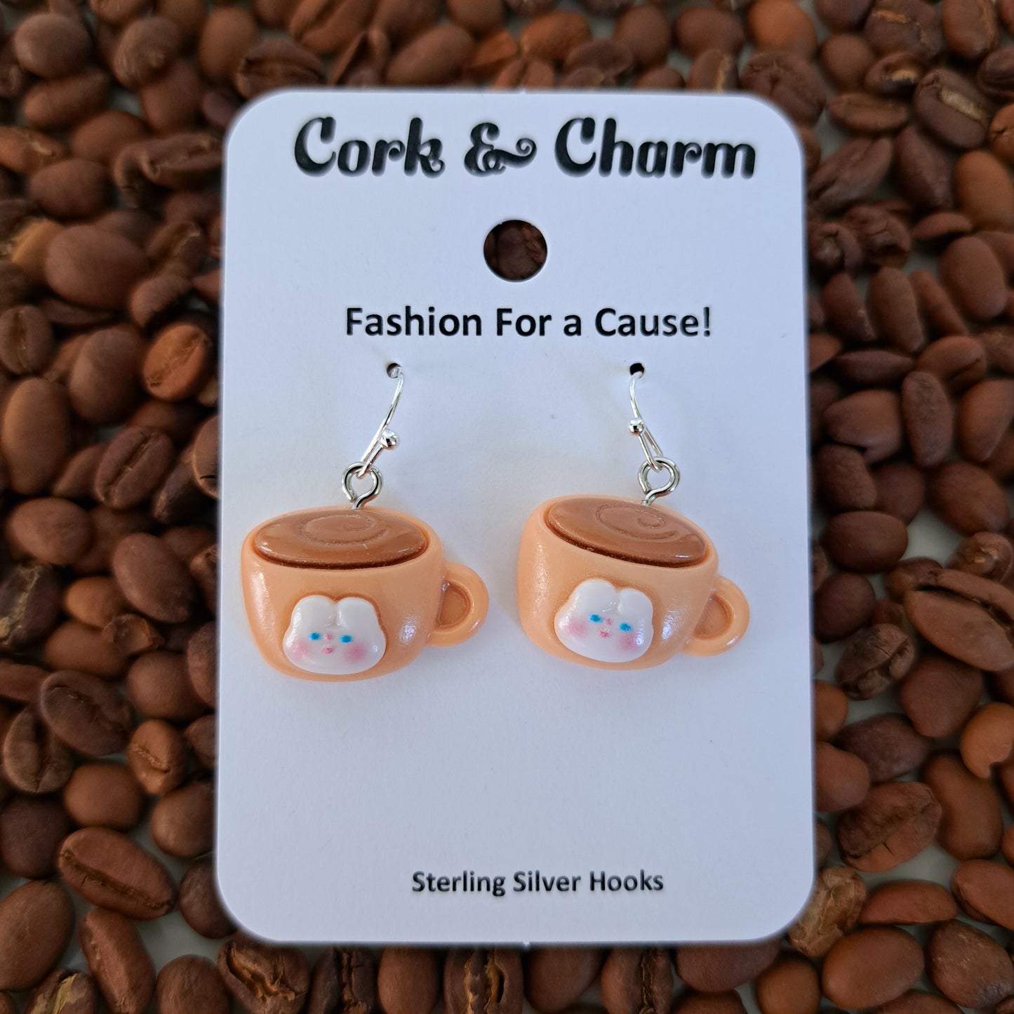 Brown Cat Coffee Tea Mug Sterling Silver Earrings