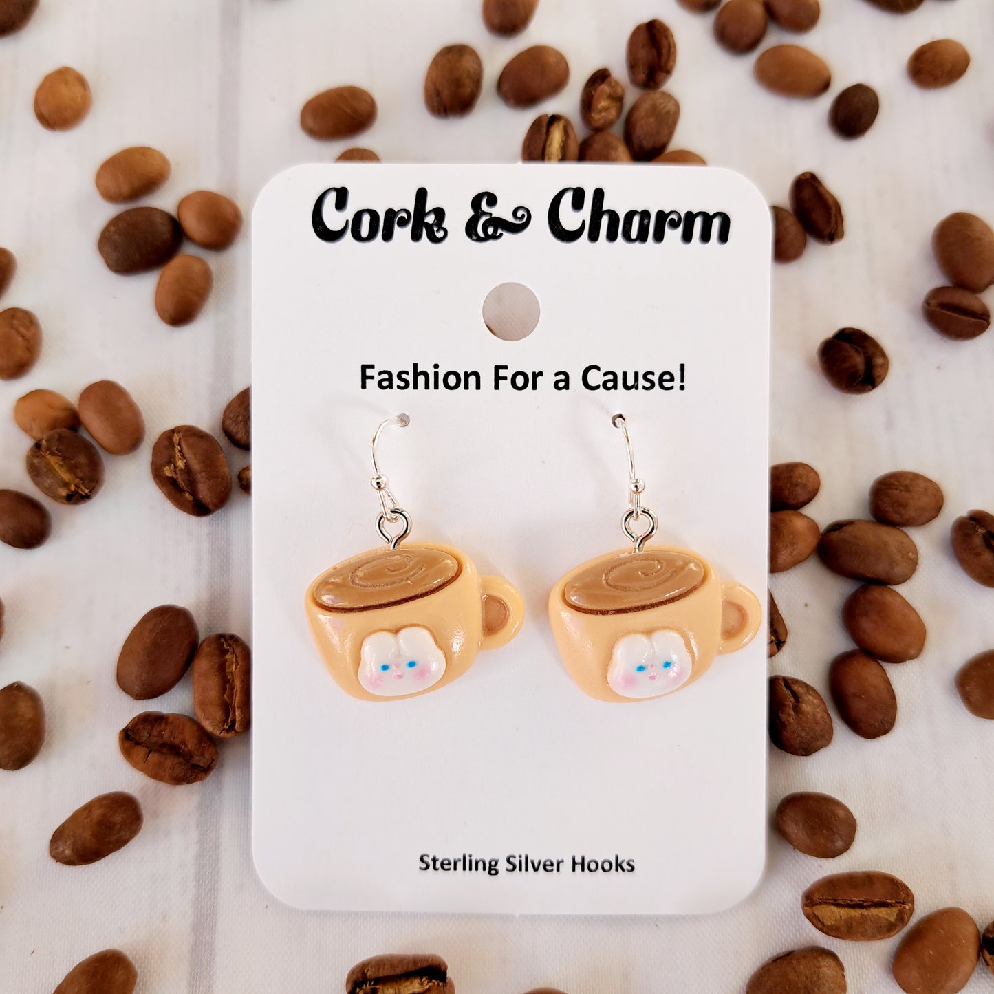 Brown Cat Coffee Tea Mug Sterling Silver Earrings