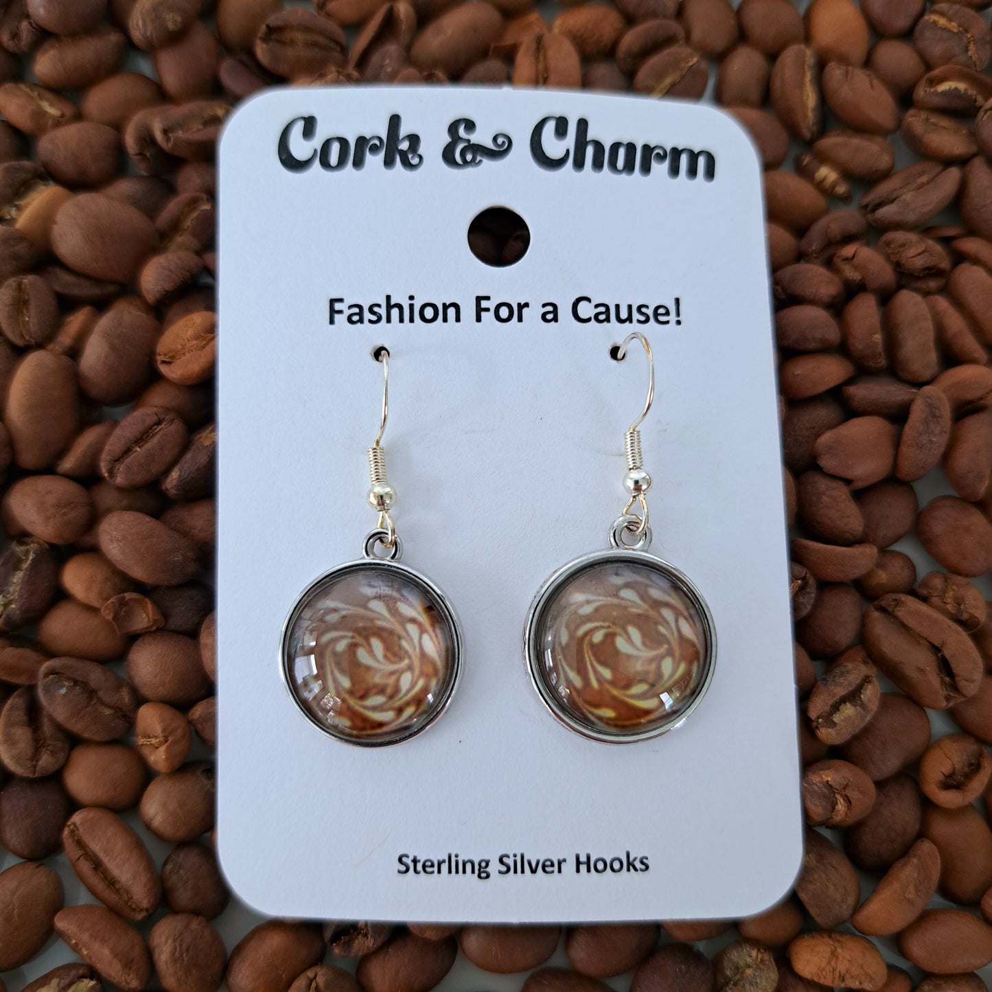 Leaves Coffee Art Round Sterling Silver Earrings