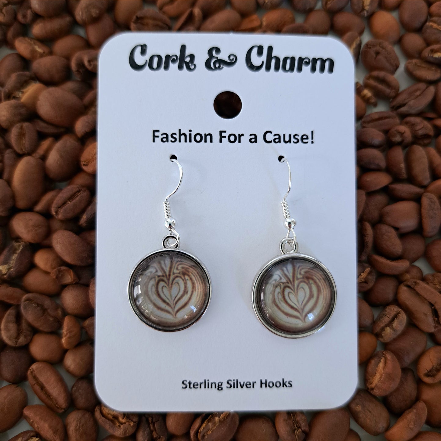 Heart in a Heart Coffee Art Round Sterling Silver Earrings