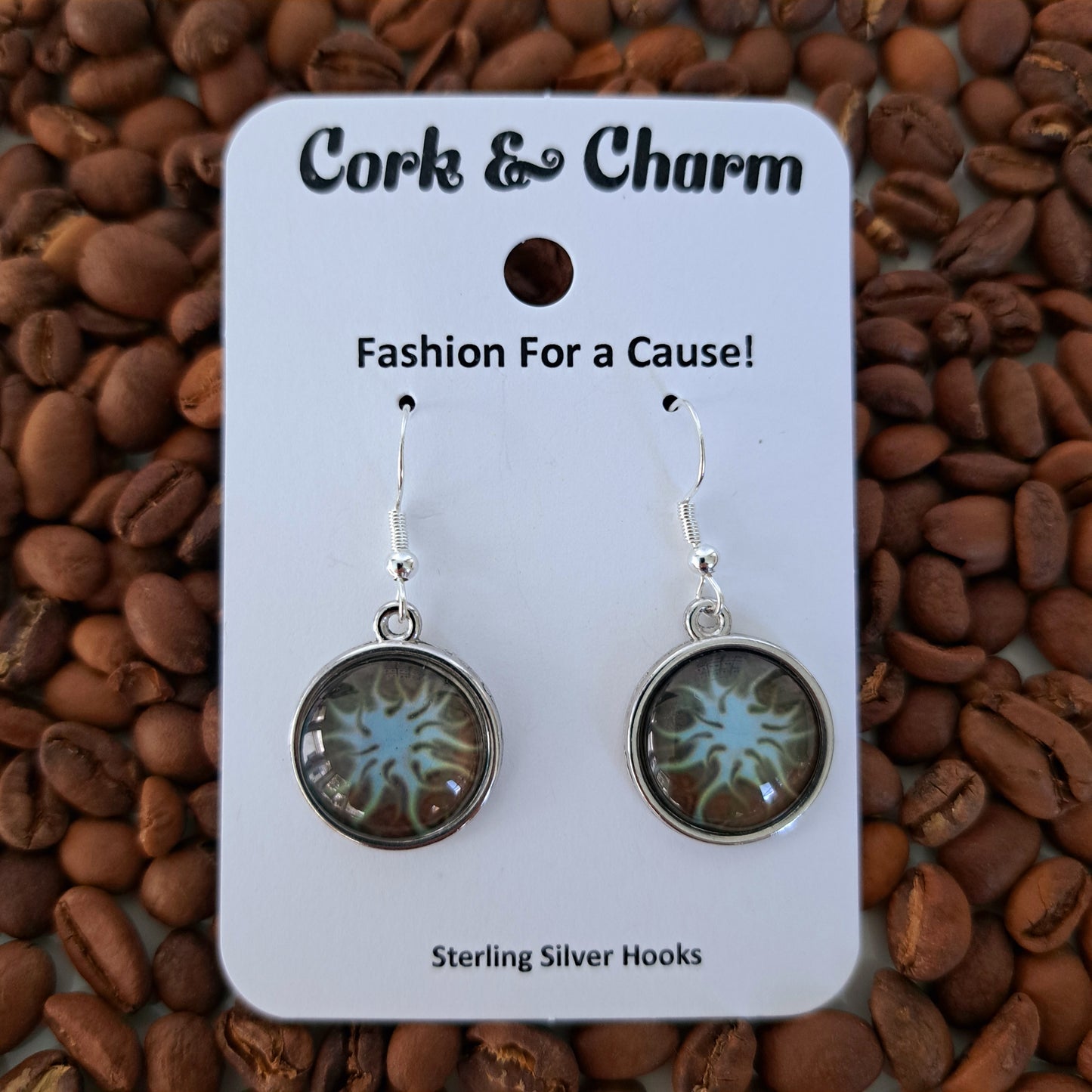 Sunburst Coffee Art Round Sterling Silver Earrings