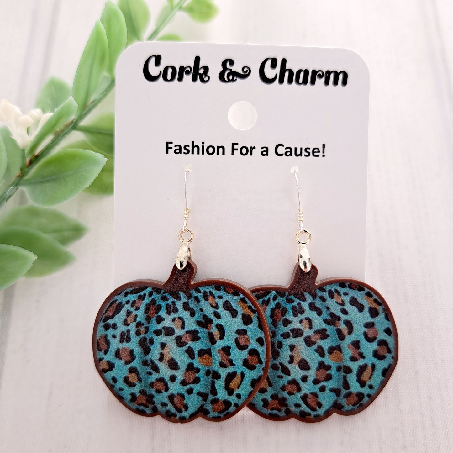 Leopard Teal Blue Pumpkins Acrylic Earrings Sterling Silver