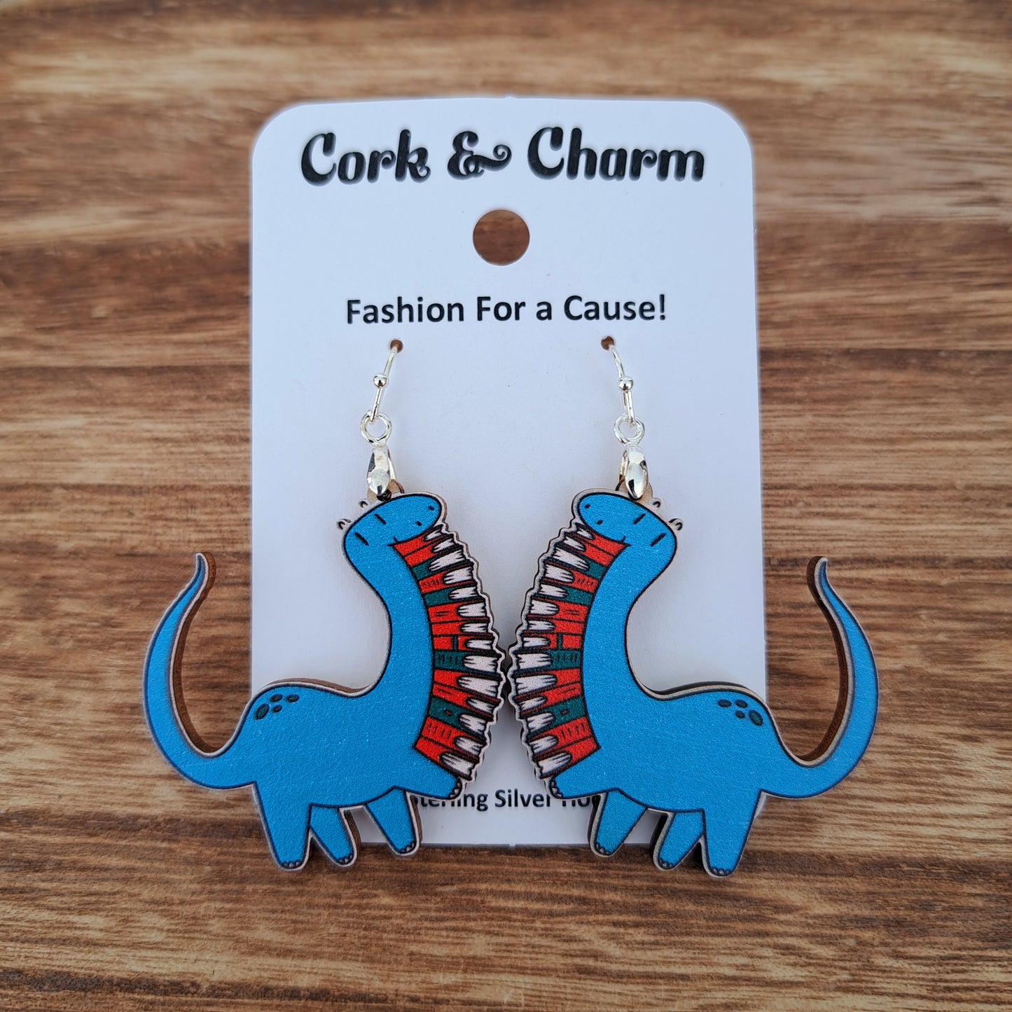 Blue Dinosaur Book Reader Wooden Sterling Silver Earrings