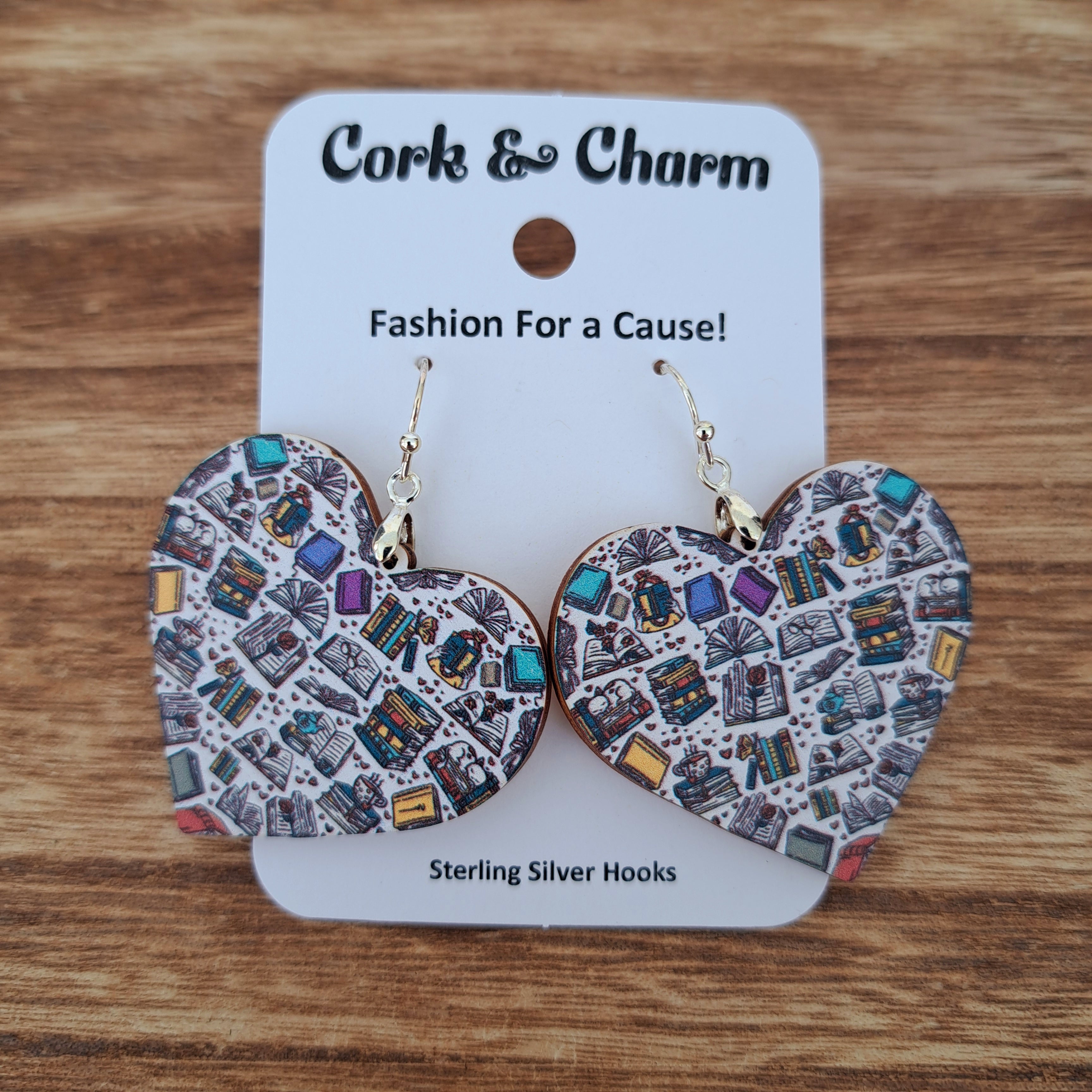 Heart Shaped Book Wooden Sterling Silver Earrings – Cork and Charm