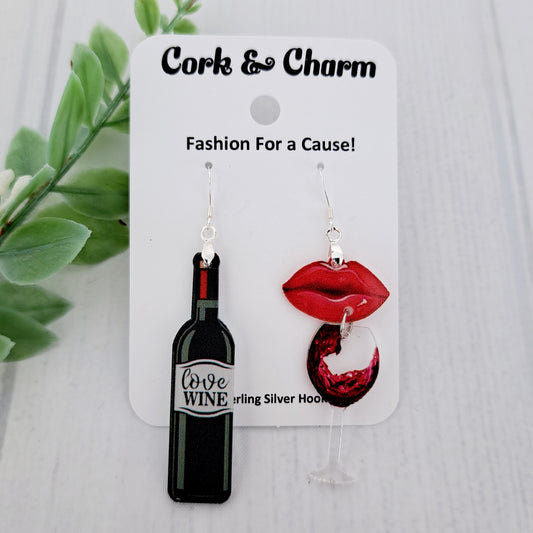 Asymmetrical Red Wine Glass Bottle Drink Red Lips Sterling Silver Earrings