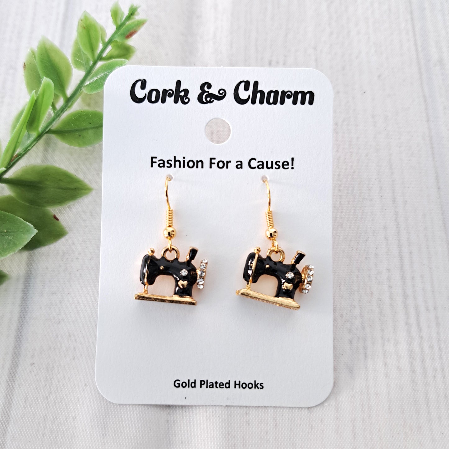 Black 3D Sewing Machine Gold Earrings