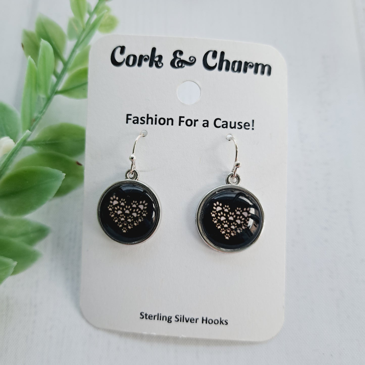 Black White Heart Paw Print Sterling Silver Earrings