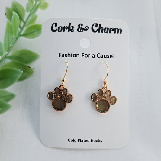 Green Paw Print Gold Earrings