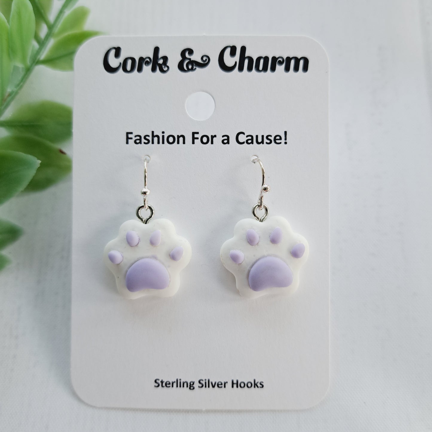 White Purple Paw Print Sterling Silver Earrings