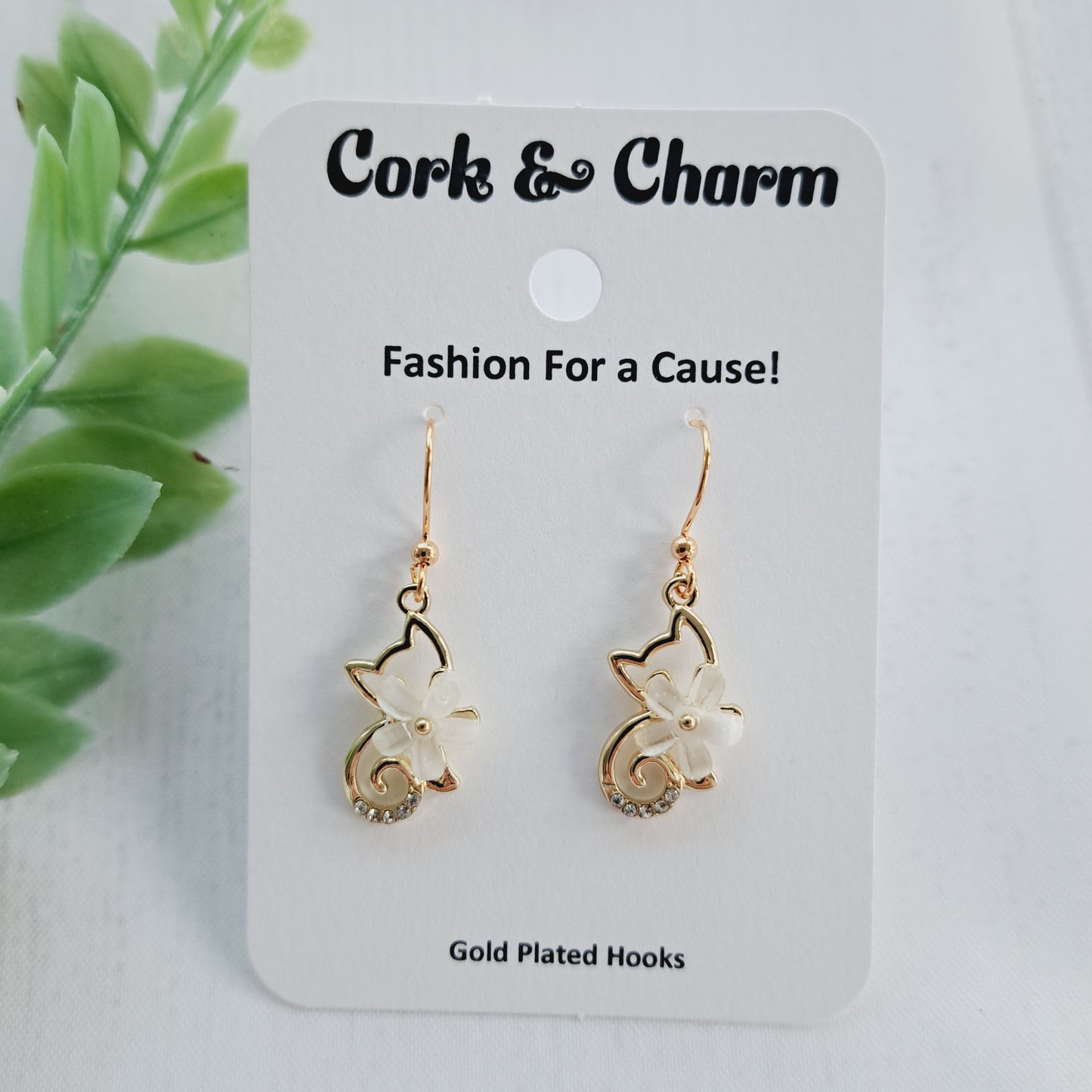 Gold Cat Flower Rhinestone Gold Earrings