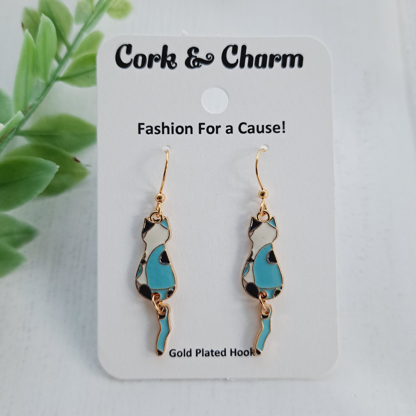 Blue Cat Enamel Charm Dangle Tail Gold Earrings