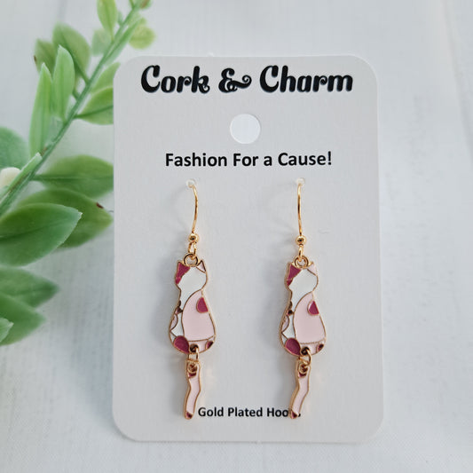 Pink Cat Enamel Charm Dangle Tail Gold Earrings