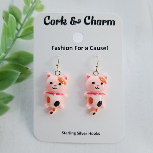 Pink Hanging Cat Sterling Silver Earrings