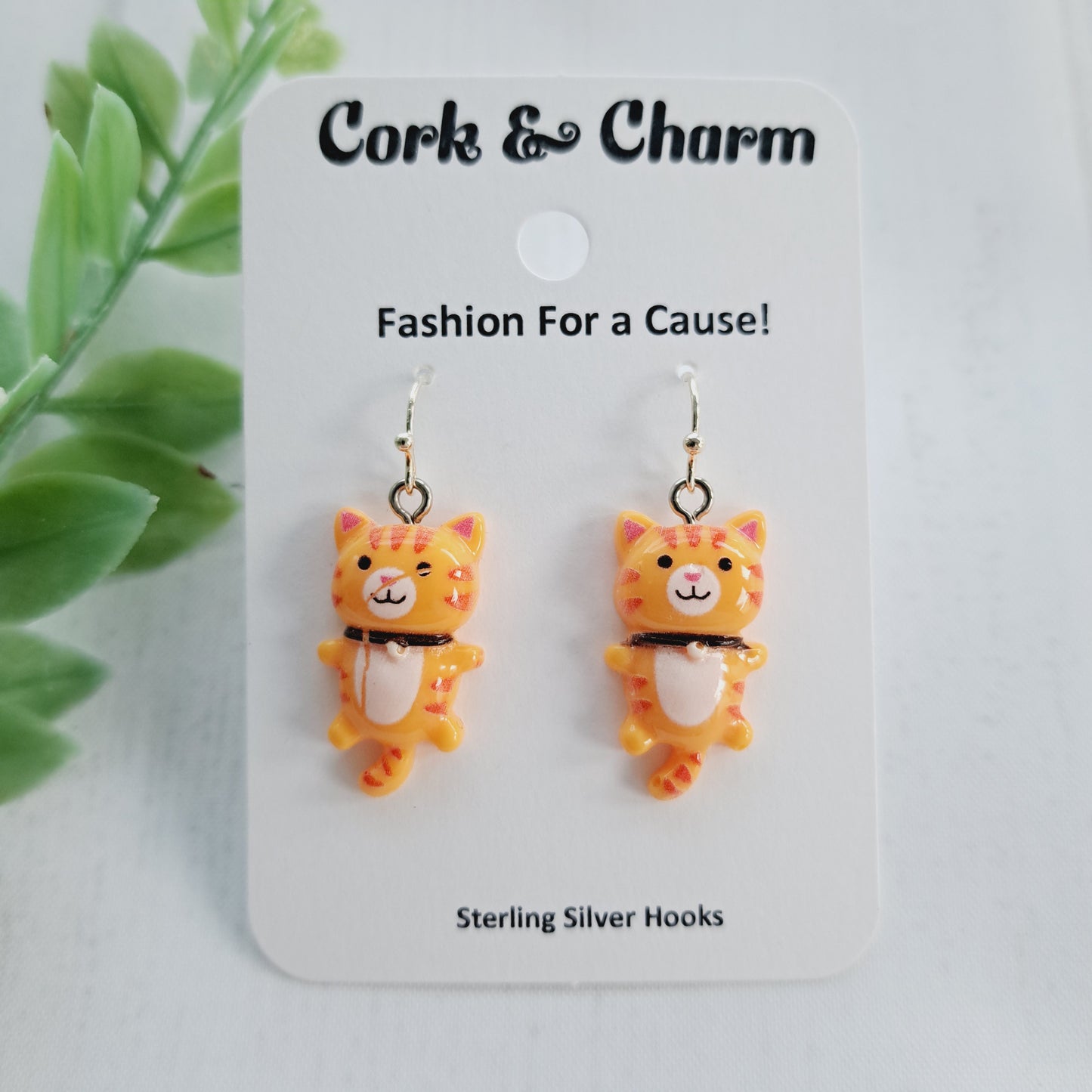 Orange Hanging Cat Sterling Silver Earrings