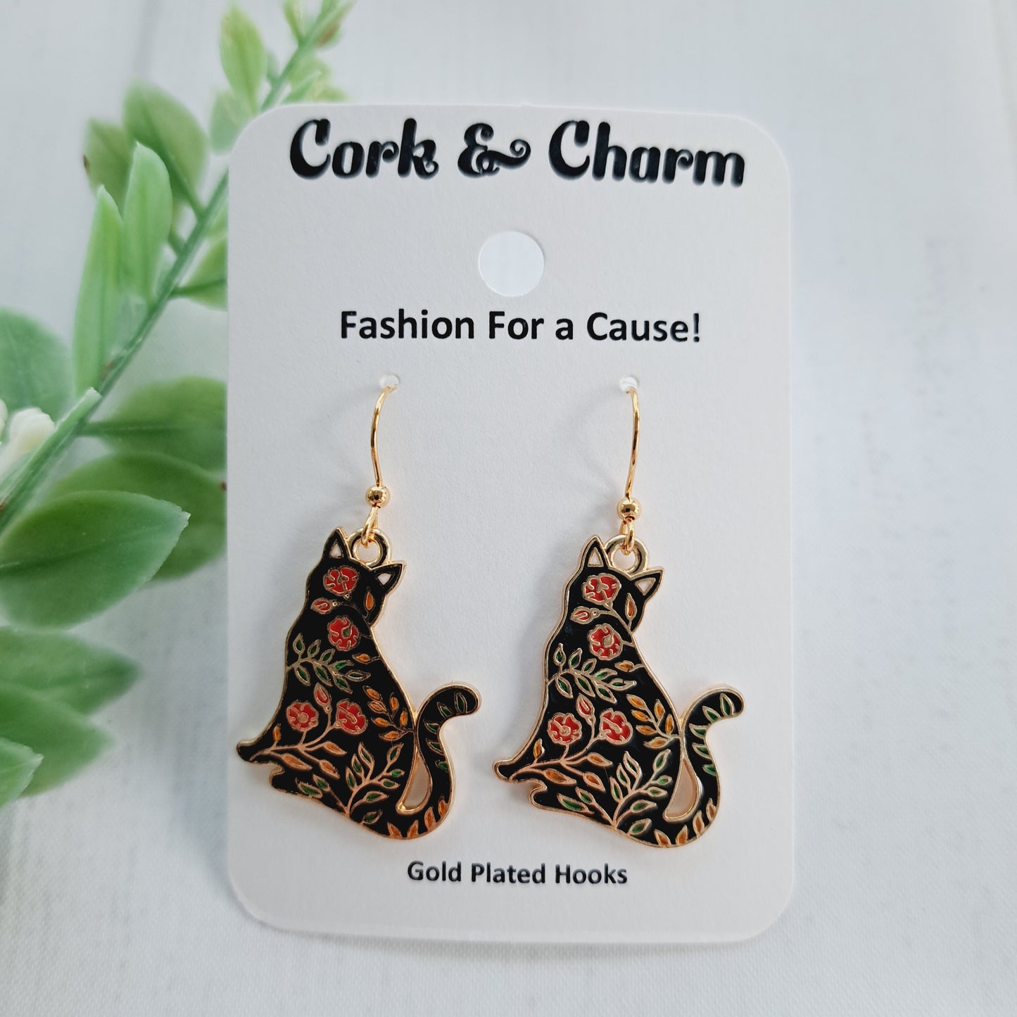 Black Floral Cat Gold Earrings