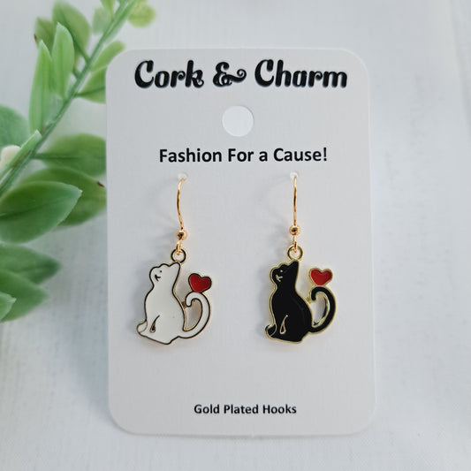 Asymmetrical White and Black Cat with Red Heart Gold Earrings