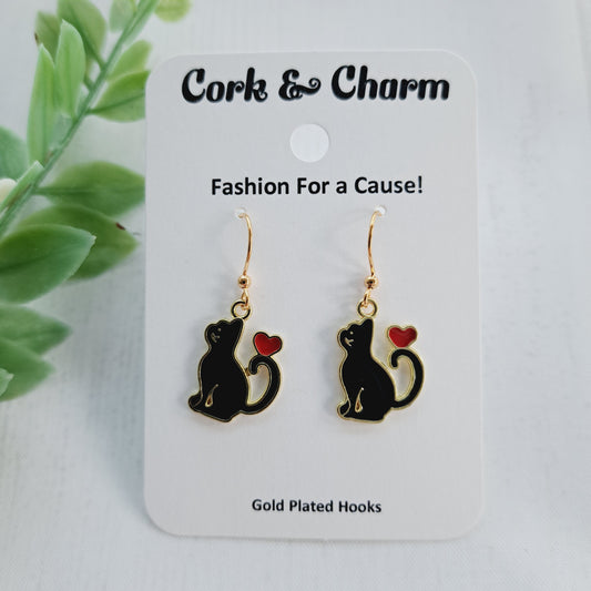 Black Cat with Red Heart Gold Earrings
