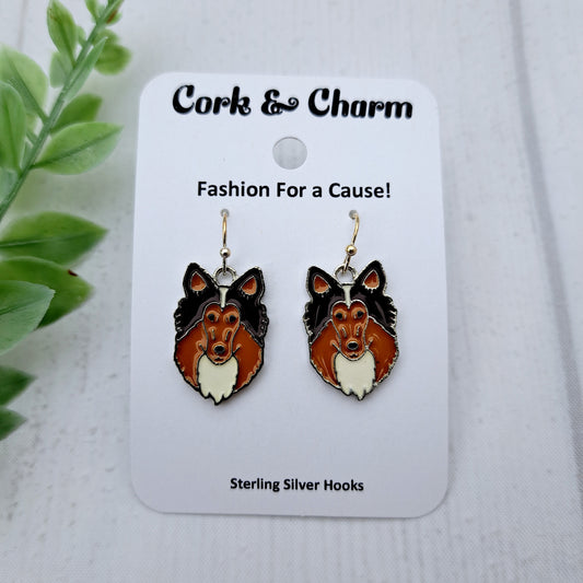 Rough Coated Collie Dog Breed Head Face Sterling Silver Earrings