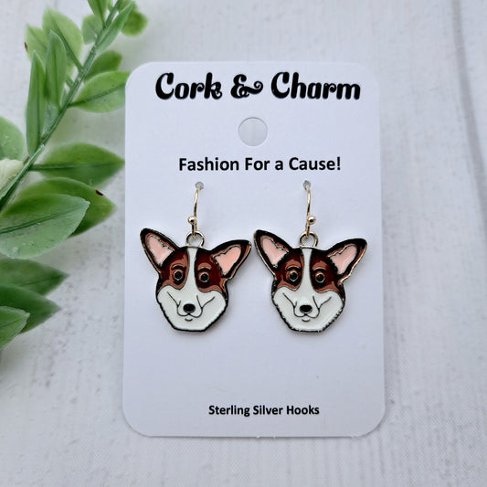 Cortigan Welsh Corgi Dog Breed Head Face Sterling Silver Earrings