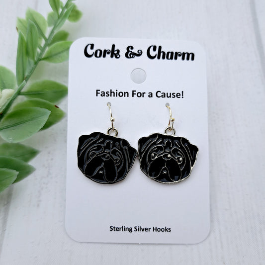 Pug Dog Breed Head Face Sterling Silver Earrings