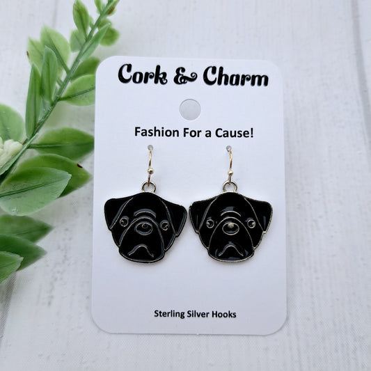 Pug Dog Breed Head Face Sterling Silver Earrings