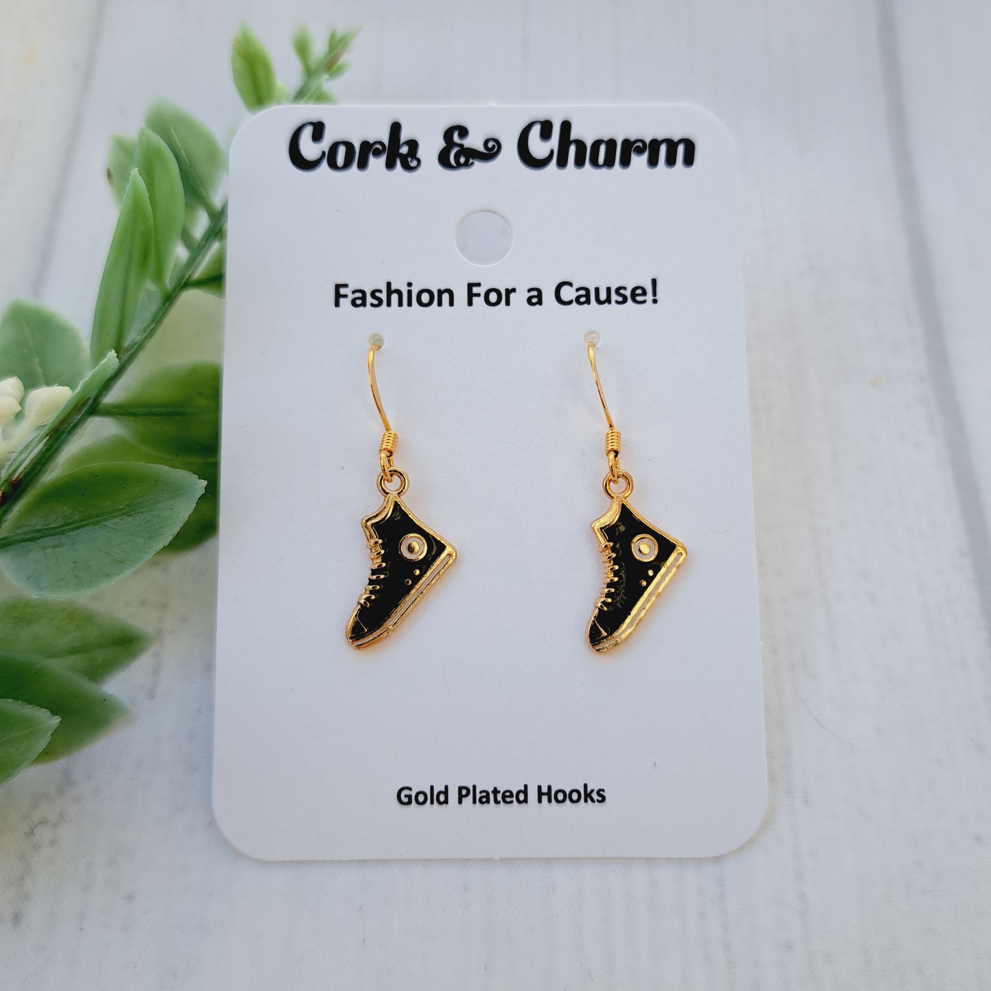 Black Sneaker Shoes Gold Earrings