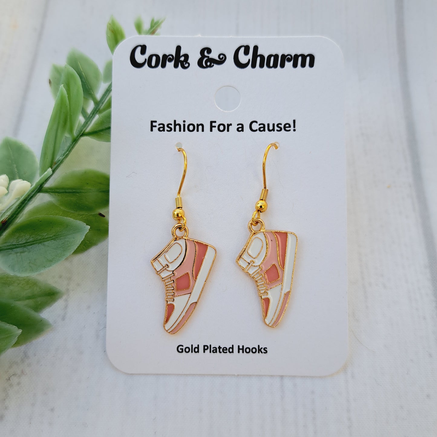 Pink Sneaker Shoes Gold Earrings