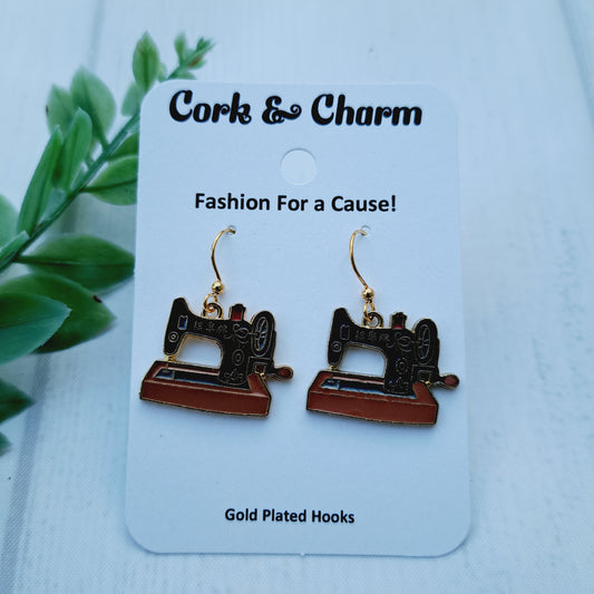 Vintage Hand Crank Sewing Machine Gold Earrings