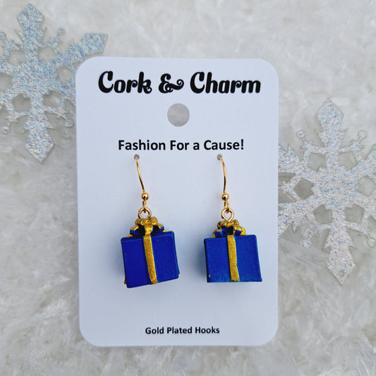 Blue Present Gift Box Gold Earrings