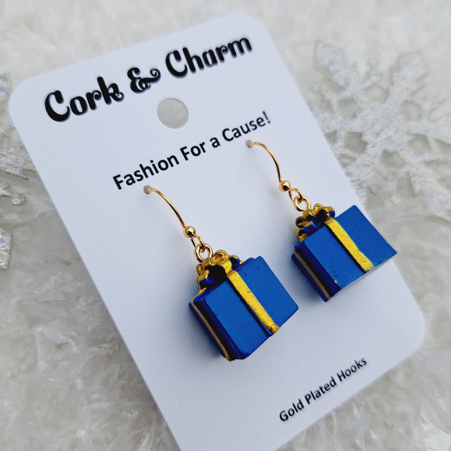 Blue Present Gift Box Gold Earrings