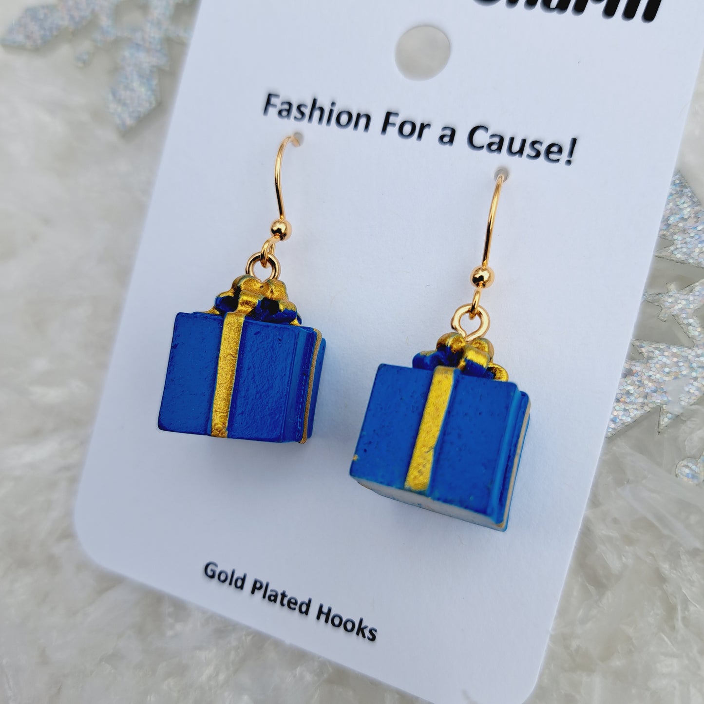 Blue Present Gift Box Gold Earrings