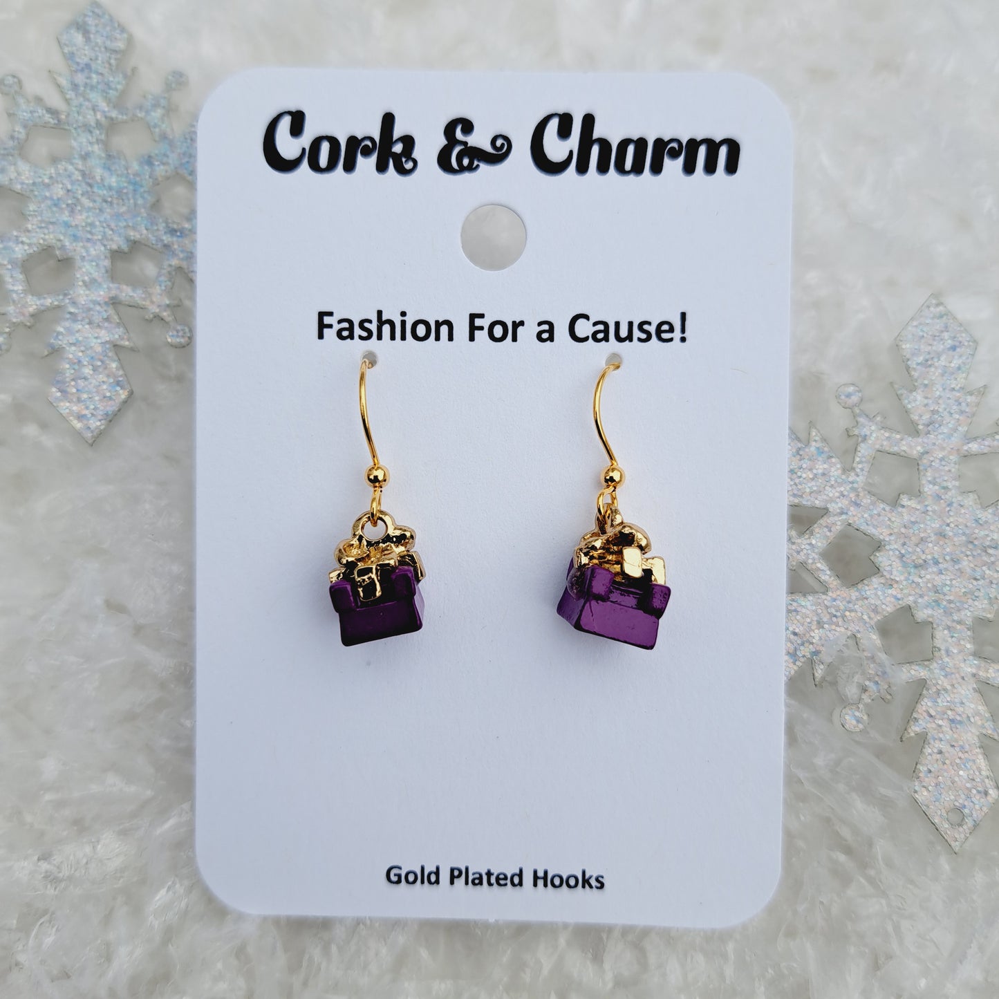 Purple Mini Present Gift Box Gold Earrings