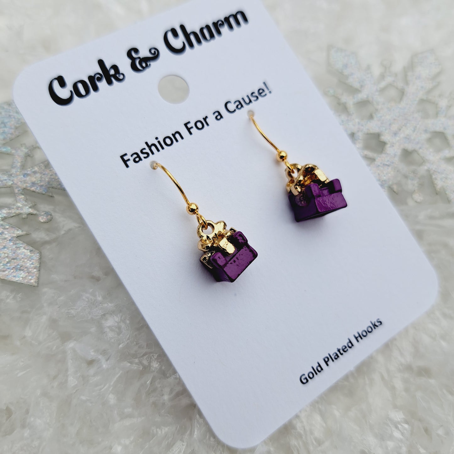 Purple Mini Present Gift Box Gold Earrings