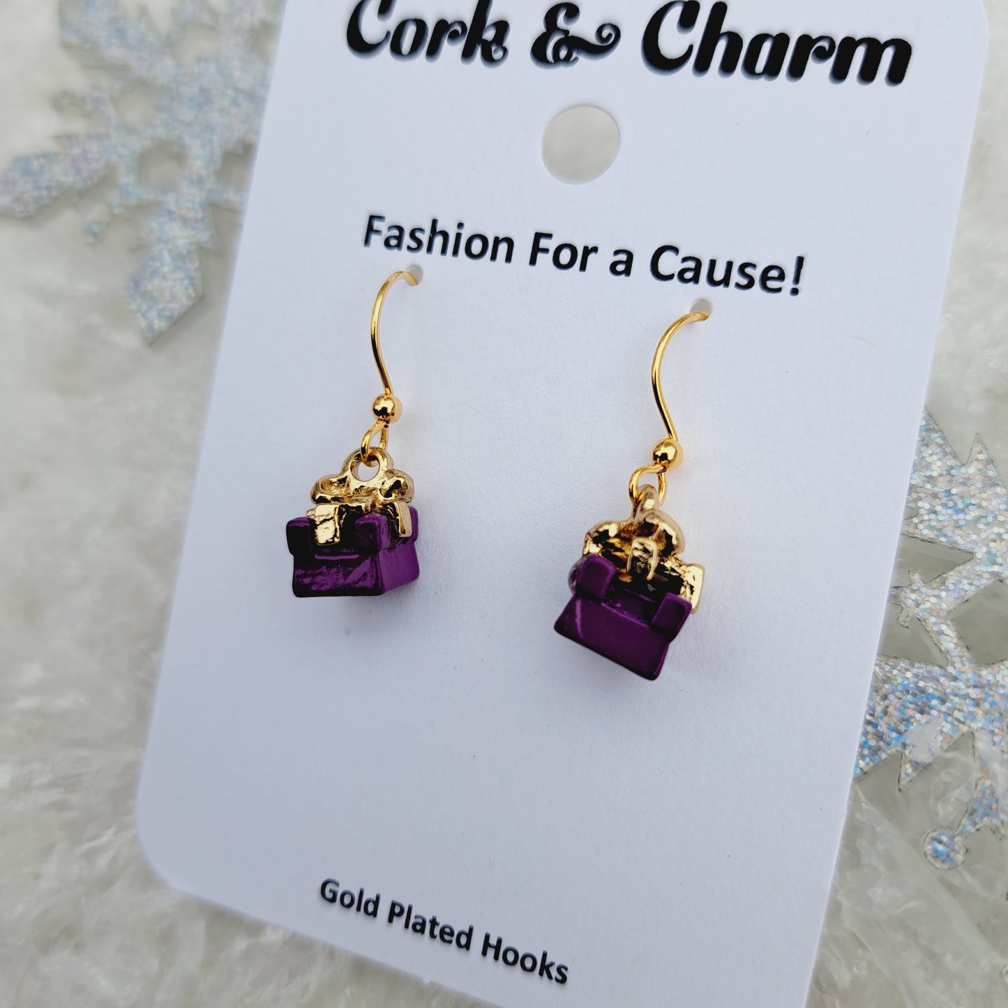 Purple Mini Present Gift Box Gold Earrings