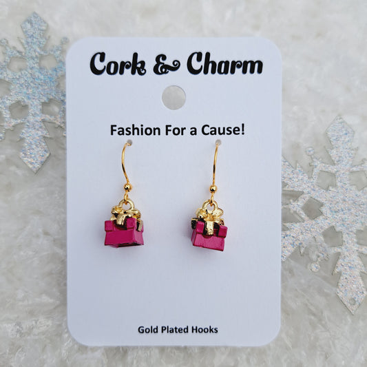 Pink Mini Present Gift Box Gold Earrings