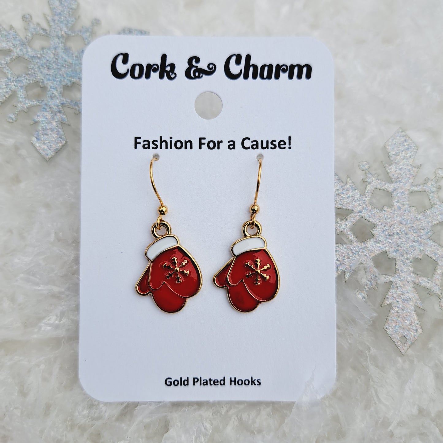 Red Snowflake Mittens Enamel Gold Earrings