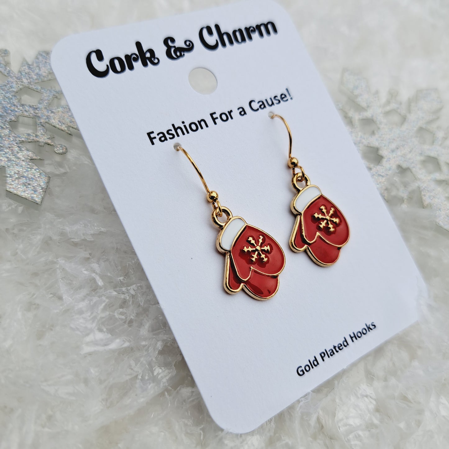 Red Snowflake Mittens Enamel Gold Earrings