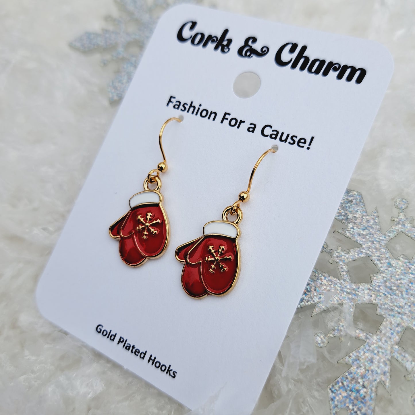 Red Snowflake Mittens Enamel Gold Earrings