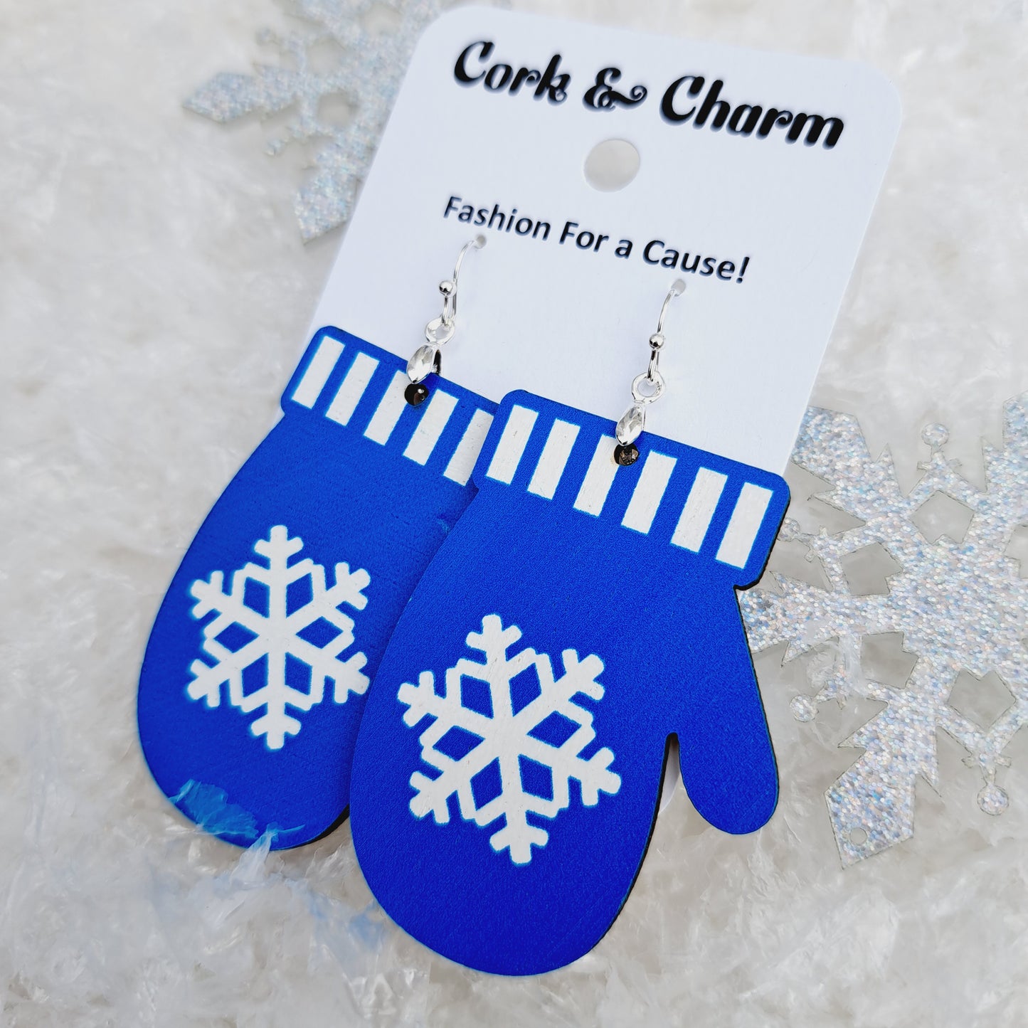 Blue Wooden Gloves Mittens Sterling Silver Earrings