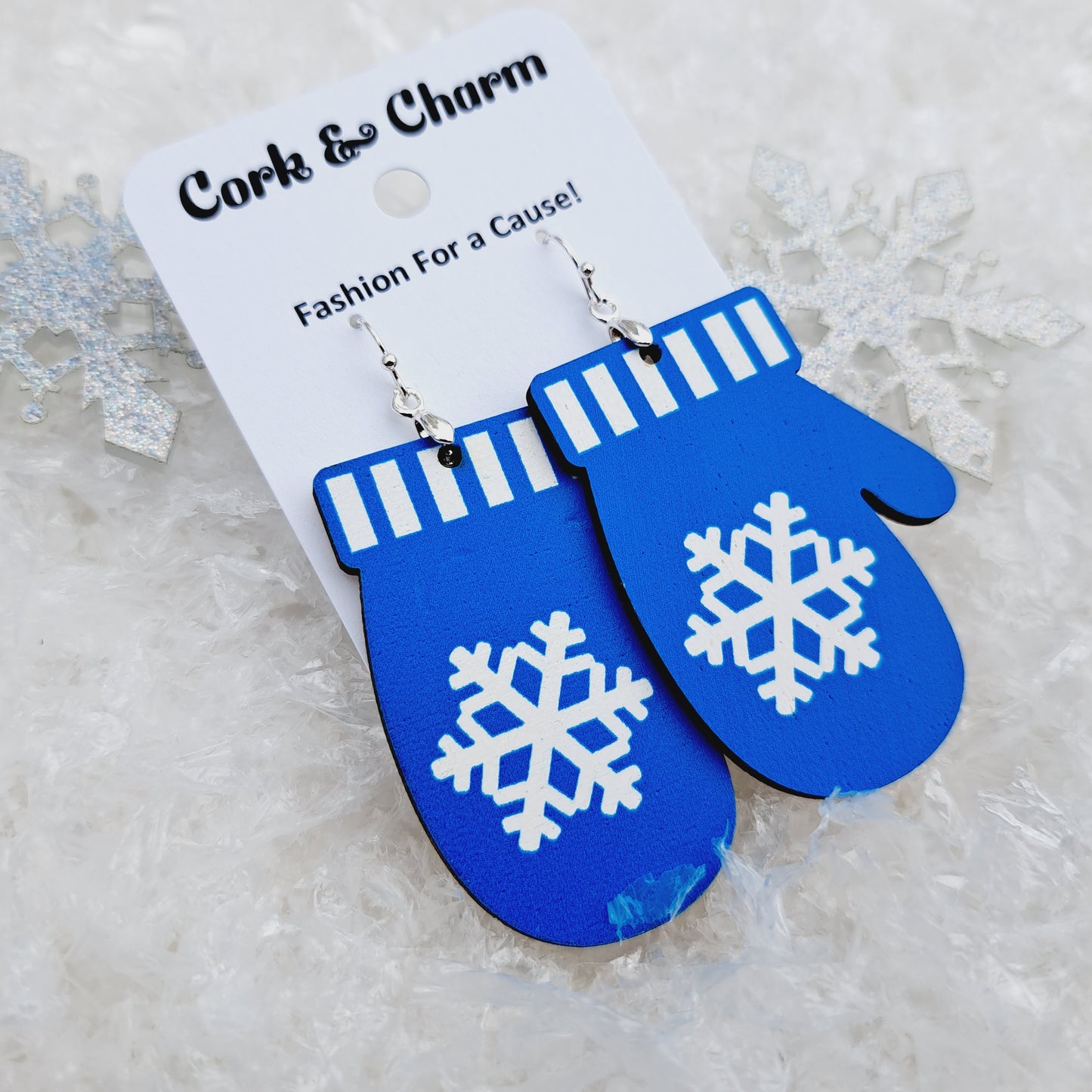 Blue Wooden Gloves Mittens Sterling Silver Earrings