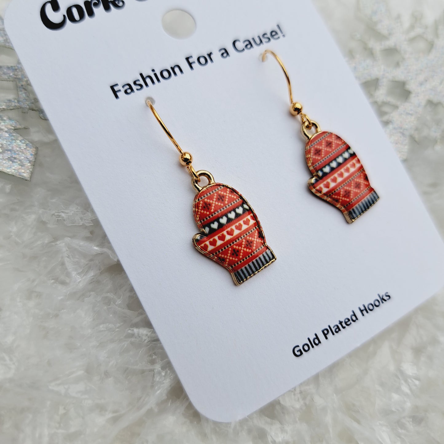 Red Striped Mittens Enamel Gold Earrings