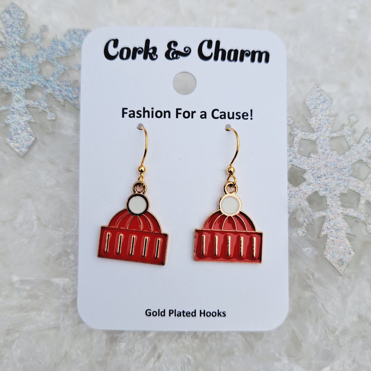 Red Hat Mittens Enamel Gold Earrings