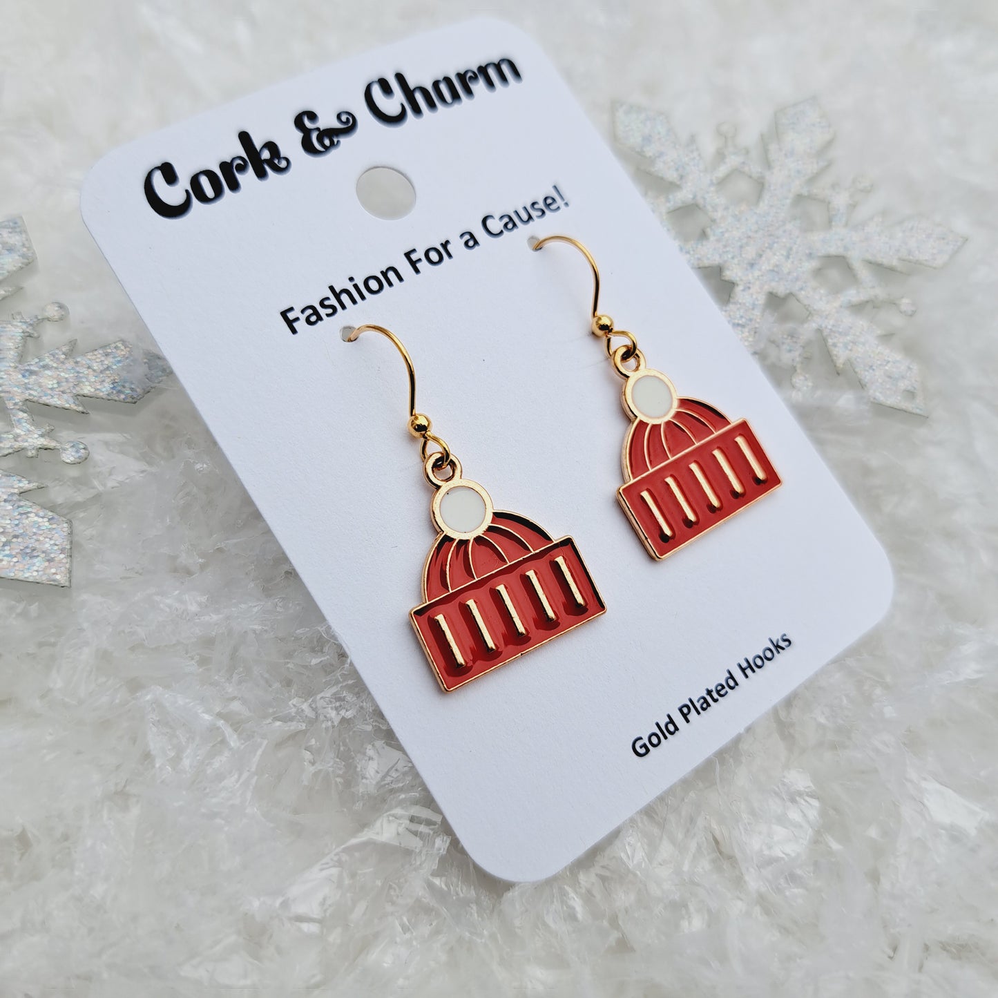 Red Hat Mittens Enamel Gold Earrings