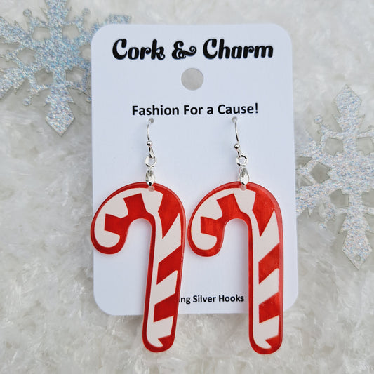 Candy Cane Red White Acrylic Sterling Silver Earrings