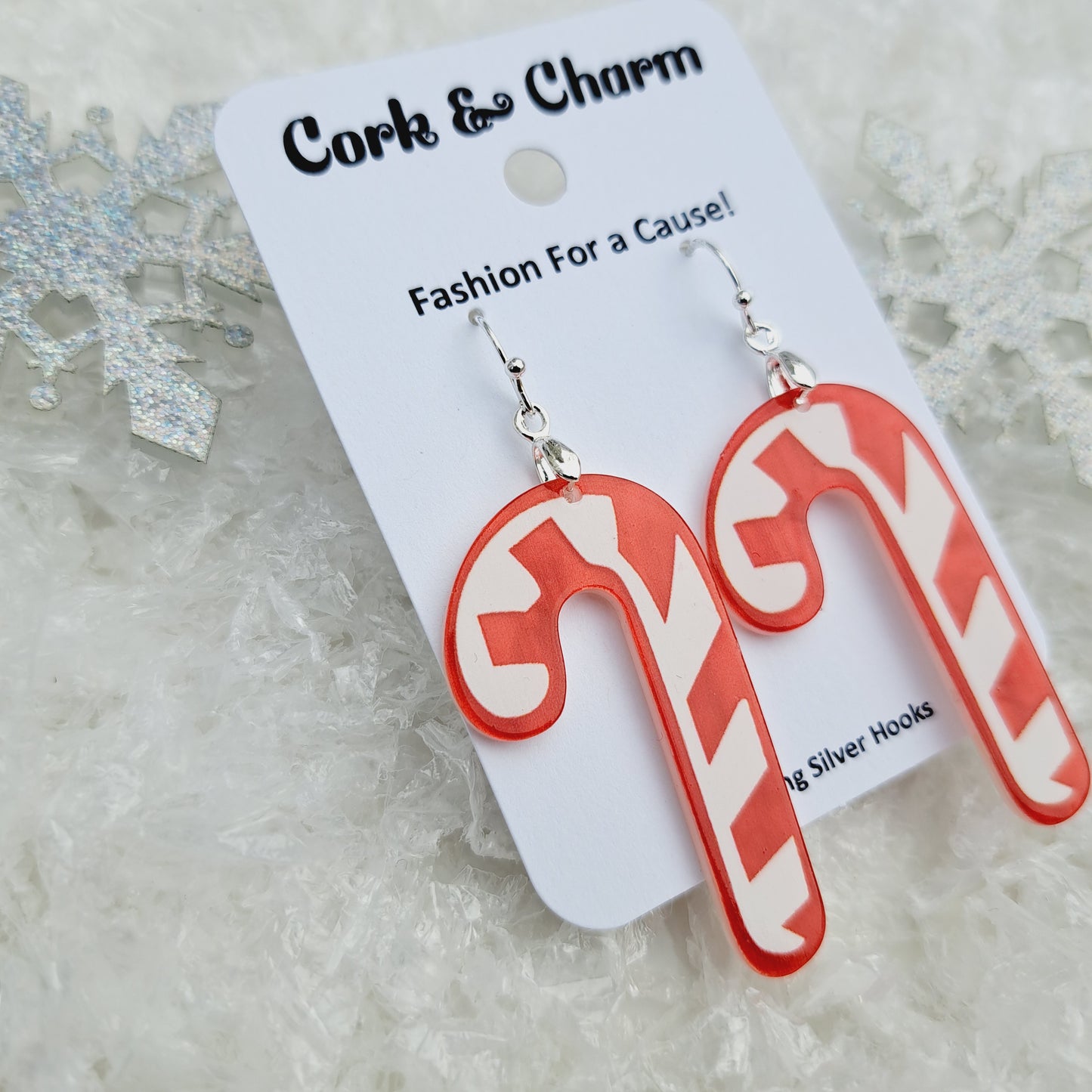 Candy Cane Red White Acrylic Sterling Silver Earrings