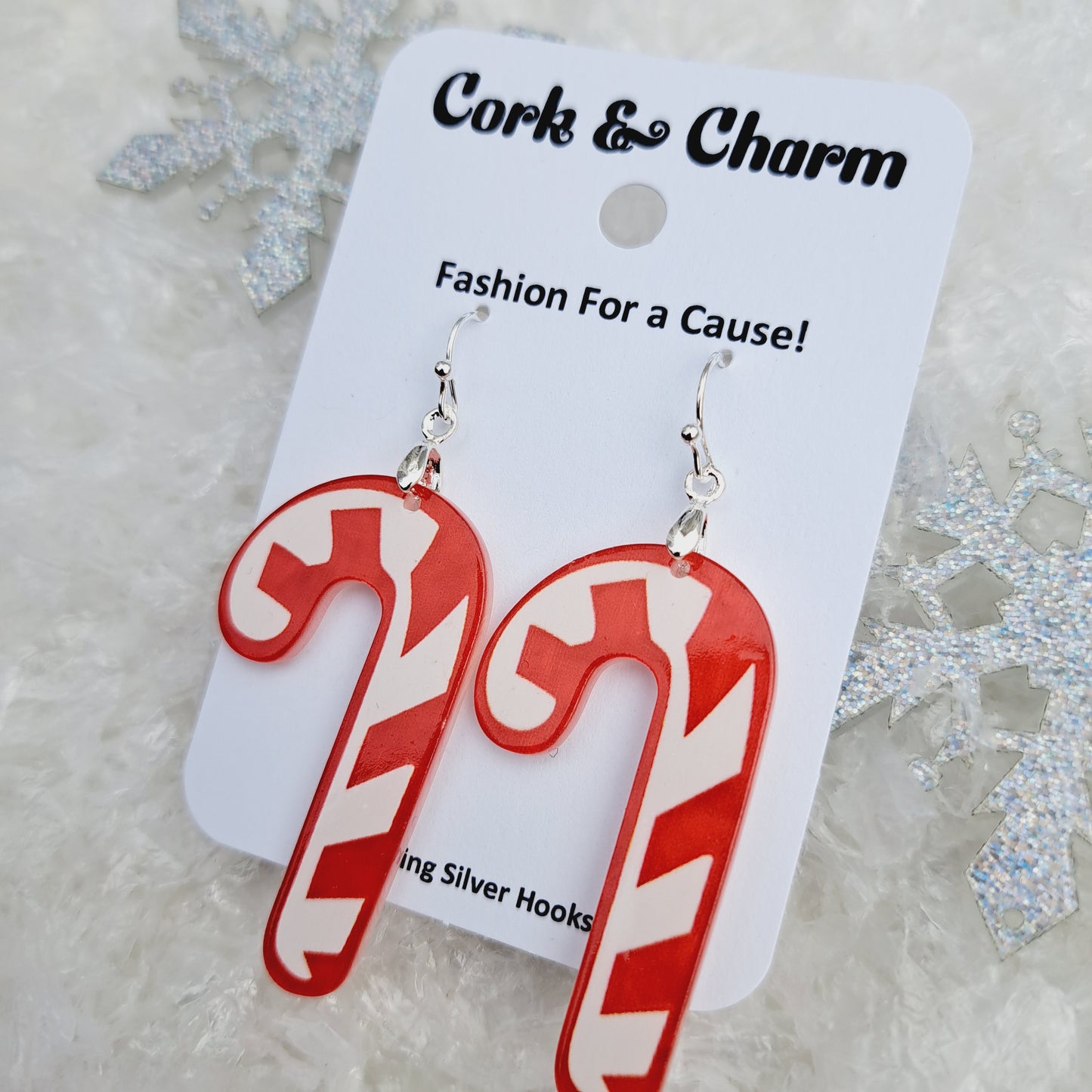 Candy Cane Red White Acrylic Sterling Silver Earrings